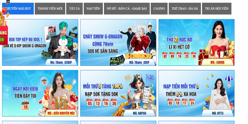 Danh sách các khuyến mãi 78Win